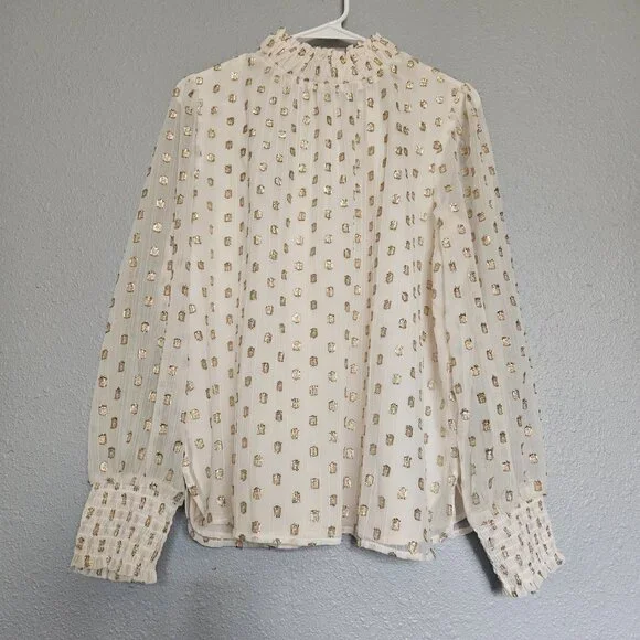 LOFT Clip Ruffle Smocked Blouse Women SZ Medium gauzy top lightweight lined Gold - Picture 4 of 15